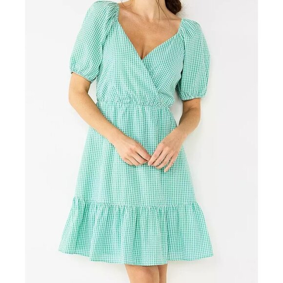 Women's Puff-Sleeve Surplice Dress gingham ruffle wrap front ruffle - Picture 6 of 7